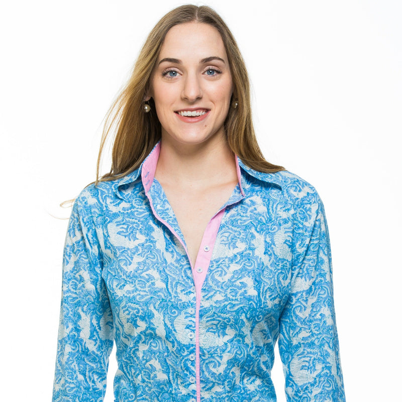 Hand block printed cotton shirt in powder blue with baby pink trim. Embroidery detail in the back of the shirt.