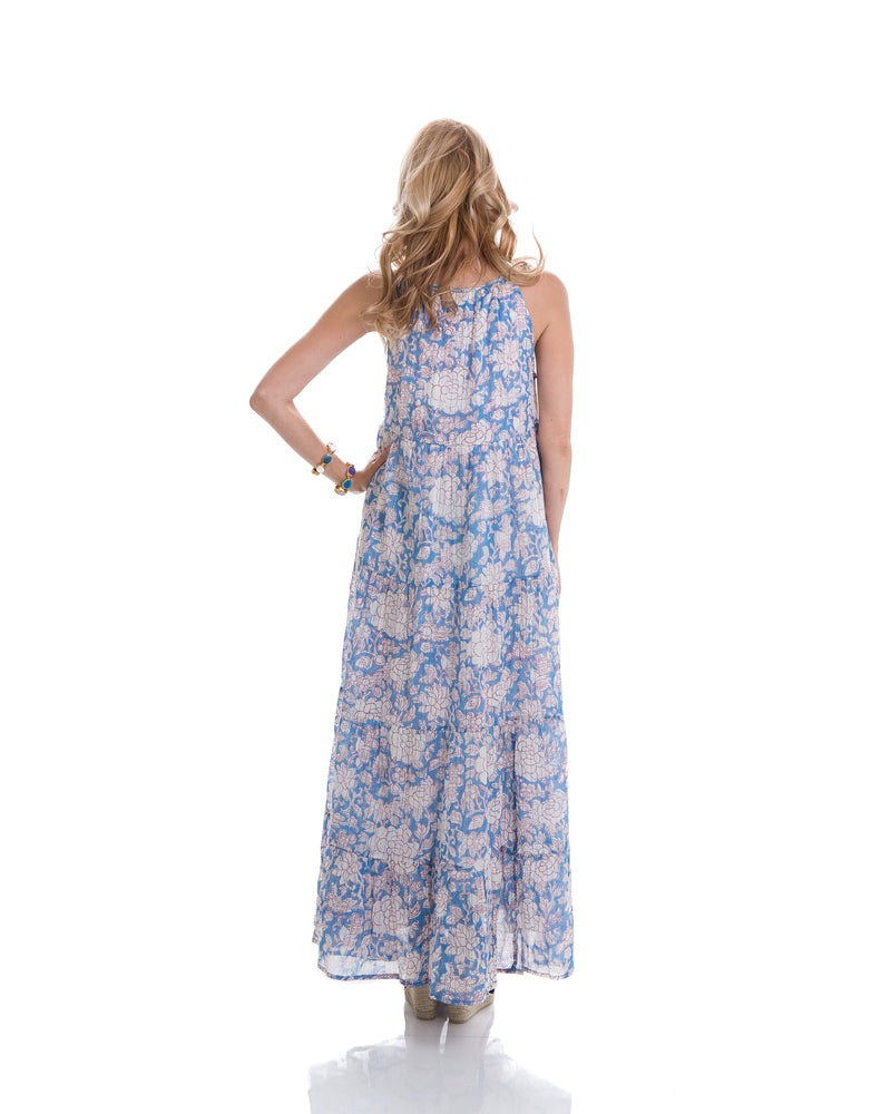 Sustainable hand block printed tiered, sleeveless, ankle length summer dress (pink & blue)