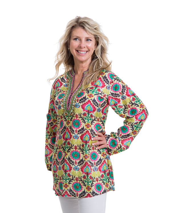 A printed cotton silk tunic with extensive gold embroidery around the neck and back make this a special piece. The print is vibrant and this tunic can be worn all year round. 