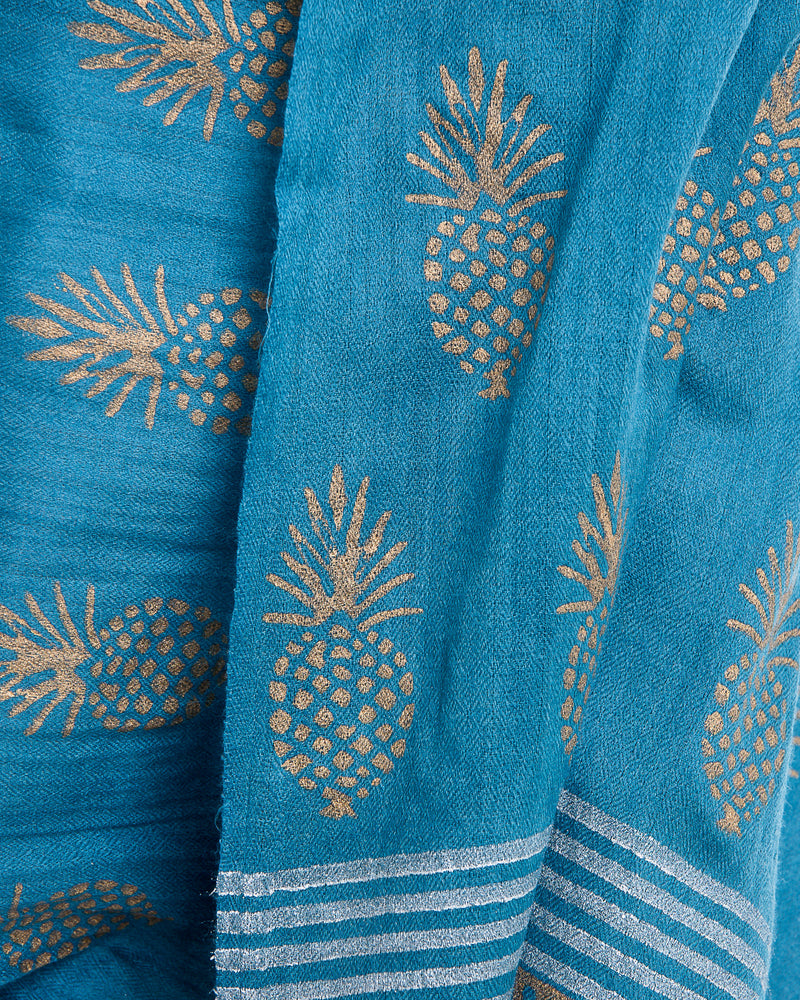 Light weight cashmere shawl with pineapple motif in gold block printed all over the shawl. This shawl is offered in several colors. 