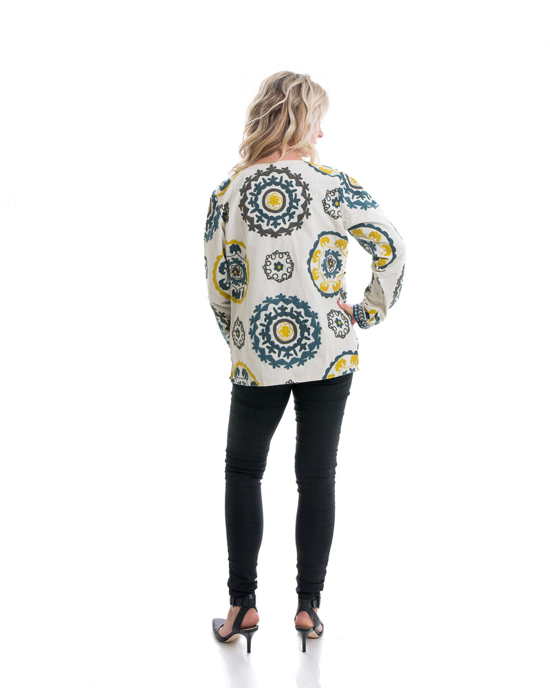 Hip length cotton jacket with extensive embroidery in various colors. The jacket is lined and has tassels enclosures. 