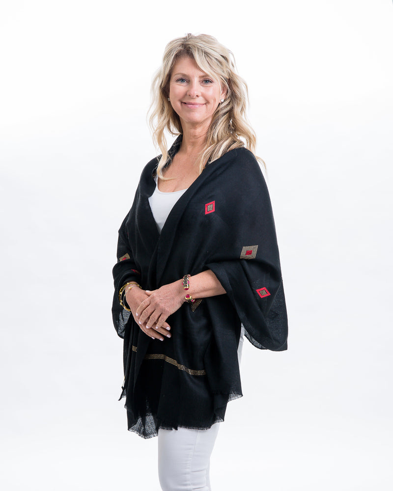 Light weight pashmina shawl with gold Swarovski & diamond shaped velvet detail work on entire shawl.Swarovski detail at the edge of the shawl. Various color options available.