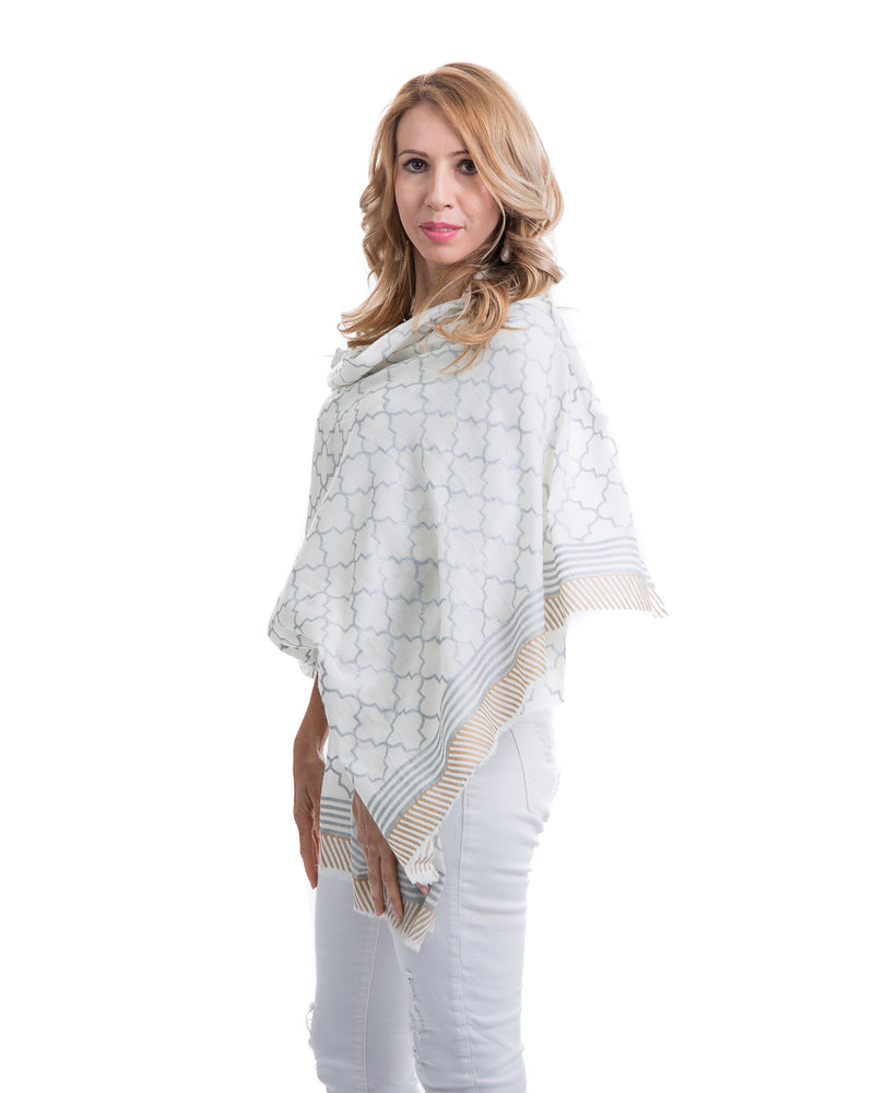 The Jupiter Shawl is a lightweight cashmere with a window pane block print, this shawl is the summer-meets-fall must-have this season. Perfect for keeping warm on cool mornings or during chilly evenings,