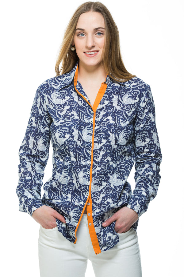 Hand block printed cotton shirt in navy with orange trim. Embroidery detail in the back of the shirt.
