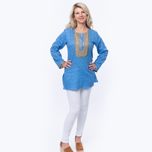 Hand woven blue cotton tunic with intricate gold embroidery detail on sleeves, around the neck and on the back of the tunic. 