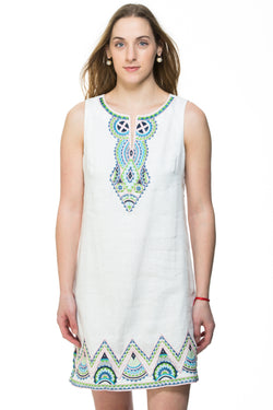 Sleeveless white or blue linen dress with multi colored embroidery along the neck and bottom of the dress. 