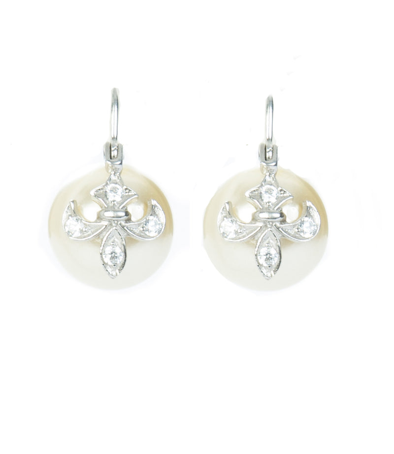 White Pearl and Sterling Silver Drop Earring with Fleur-de-lis detail in sterling silver and Swarovski crystal on pearl. 