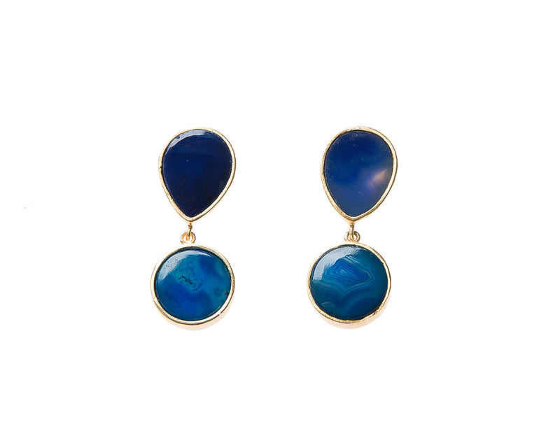Natural Blue Agate Stone Earrings. 18k electro gold plated.