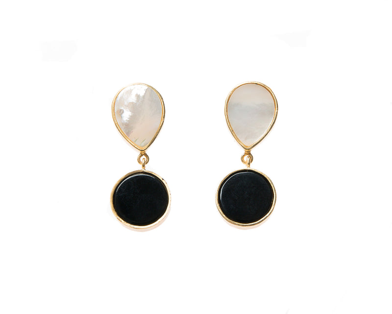 Natural Mother of Pearl and Black Agate Stone Earrings. 18k electro gold plated.