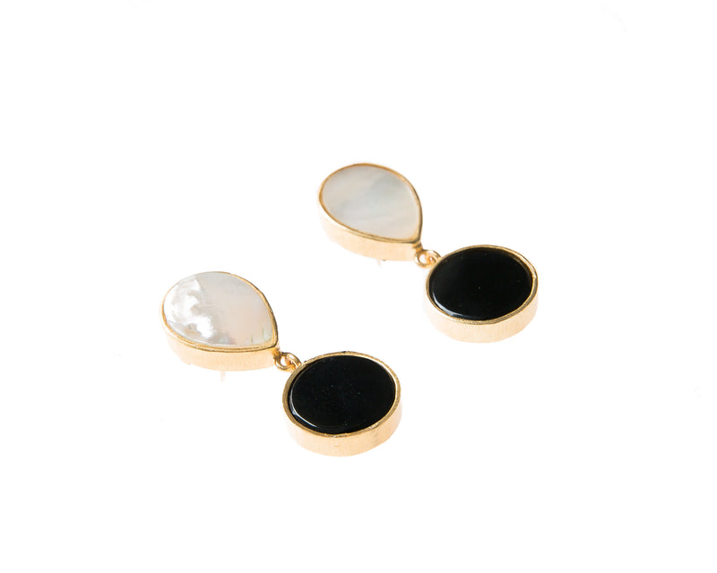 Natural Mother of Pearl and Black Agate Stone Earrings. 18k electro gold plated.