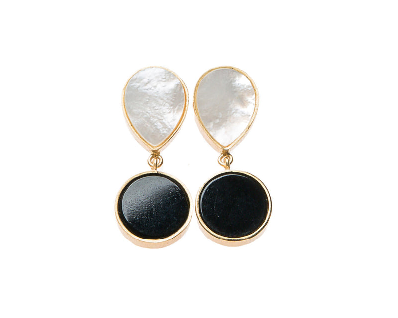 Natural Mother of Pearl and Black Agate Stone Earrings. 18k electro gold plated.