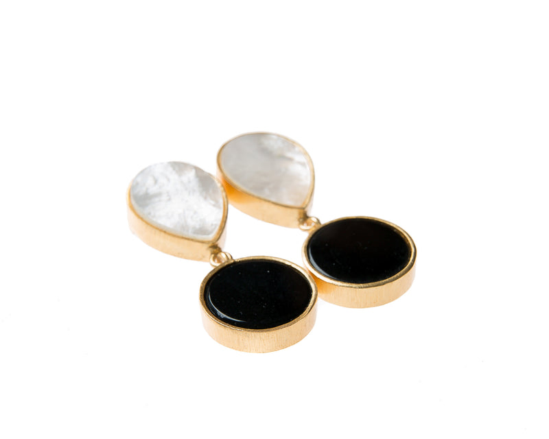 Natural Mother of Pearl and Black Agate Stone Earrings. 18k electro gold plated.