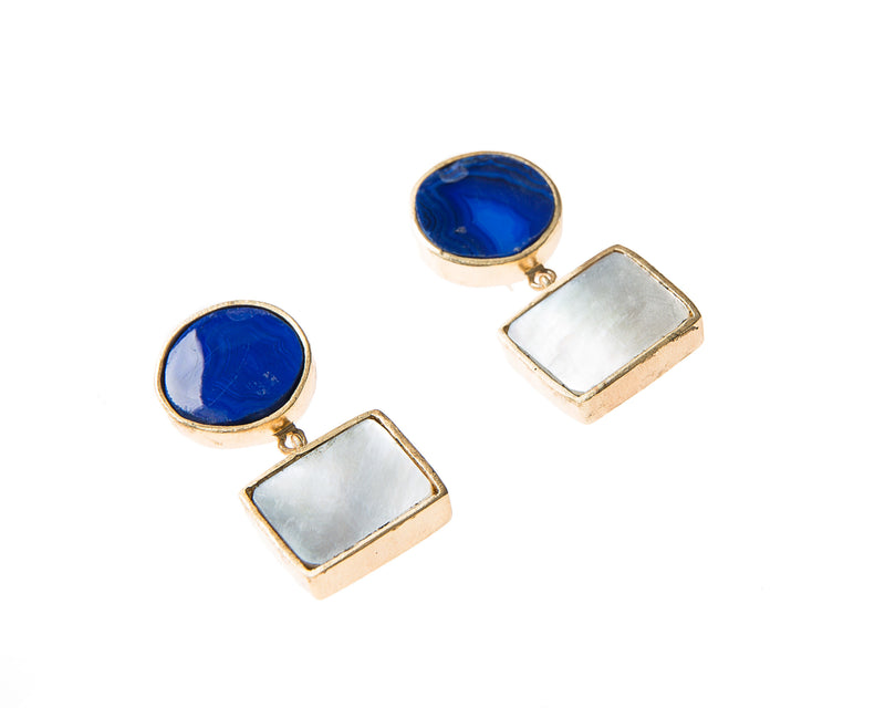 Natural Mother of Pearl and Blue Agate  Stone Earrings. 18k electro gold plated.