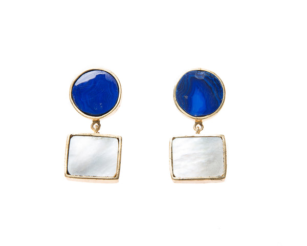 Natural Mother of Pearl and Blue Agate  Stone Earrings. 18k electro gold plated.