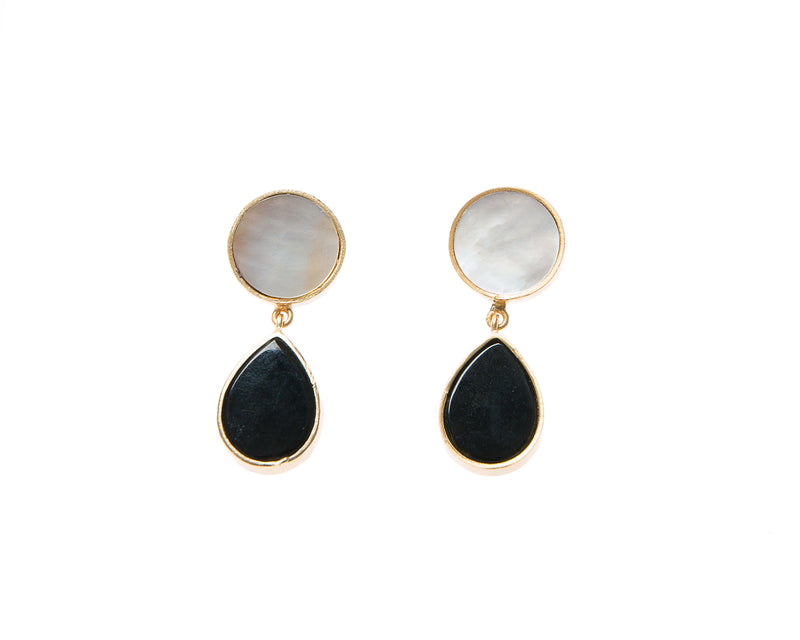 Natural Mother of Pearl and Black Agate  Stone Earrings. 18k electro gold plated.