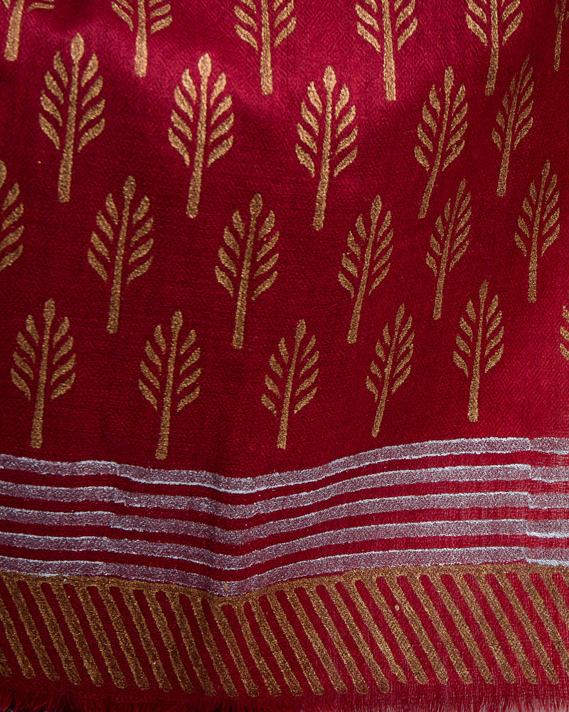 Light weight cashmere shawl with a gold fern block print all over the shawl and a unique silver and gold border make this a year round piece that will enhance any outfit. 