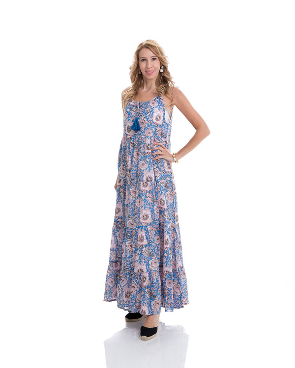 Sustainable hand block printed tiered, sleeveless, ankle length summer dress (blue & pink)