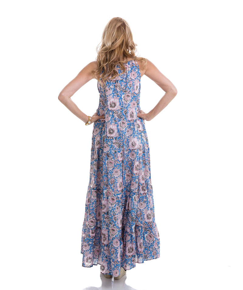 Sustainable hand block printed tiered, sleeveless, ankle length summer dress (blue & pink)