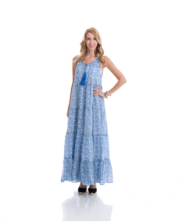 Sustainable hand block printed tiered, sleeveless, ankle length summer dress (blue & white)