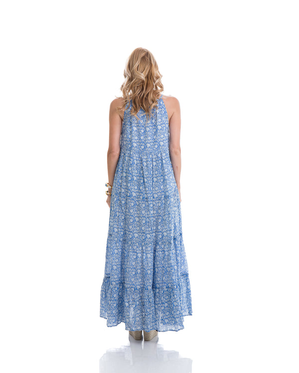 Sustainable hand block printed tiered, sleeveless, ankle length summer dress (blue & white)