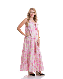 Sustainable hand block printed tiered, sleeveless, ankle length summer dress (pink & yellow)