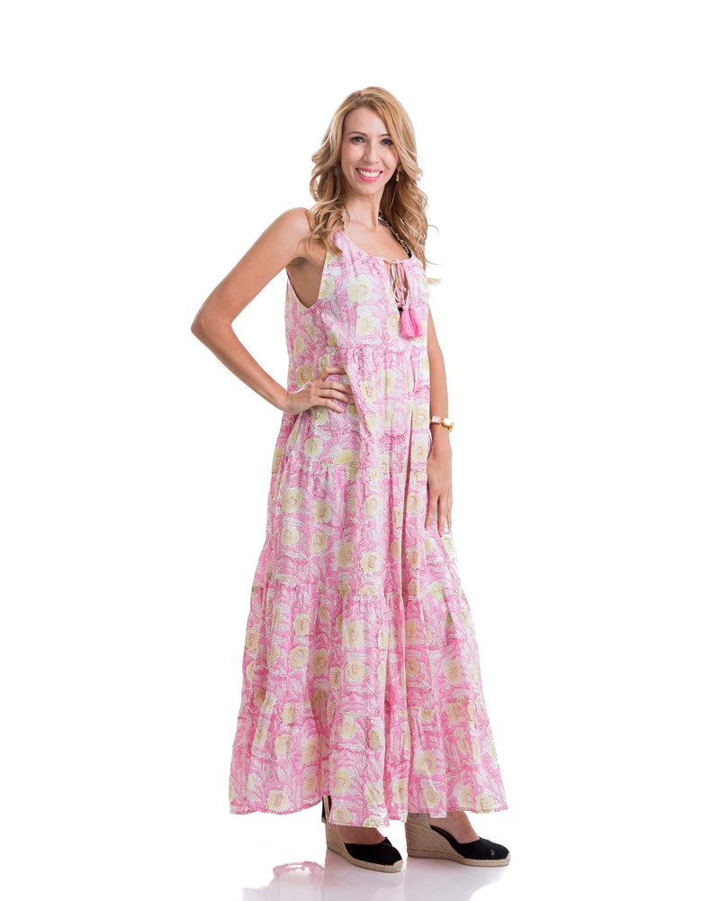 Sustainable hand block printed tiered, sleeveless, ankle length summer dress (pink & yellow)