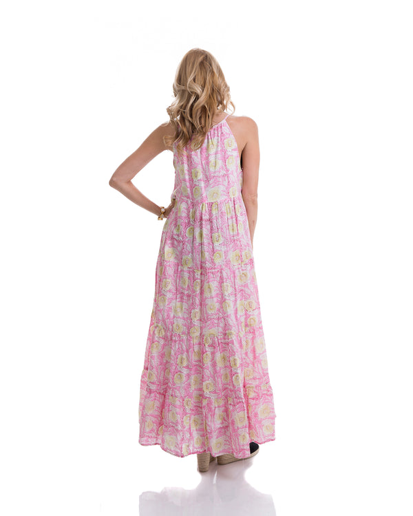 Sustainable hand block printed tiered, sleeveless, ankle length summer dress (pink & yellow)