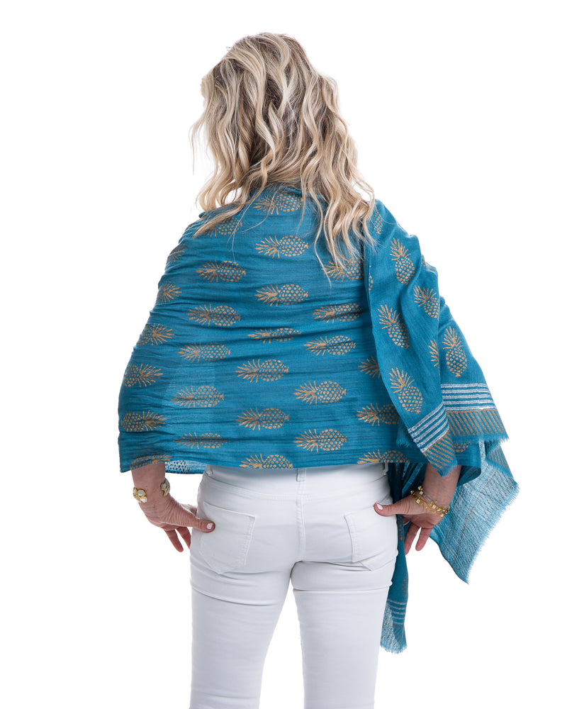 Light weight cashmere shawl with pineapple motif in gold block printed all over the shawl. This shawl is offered in several colors. 