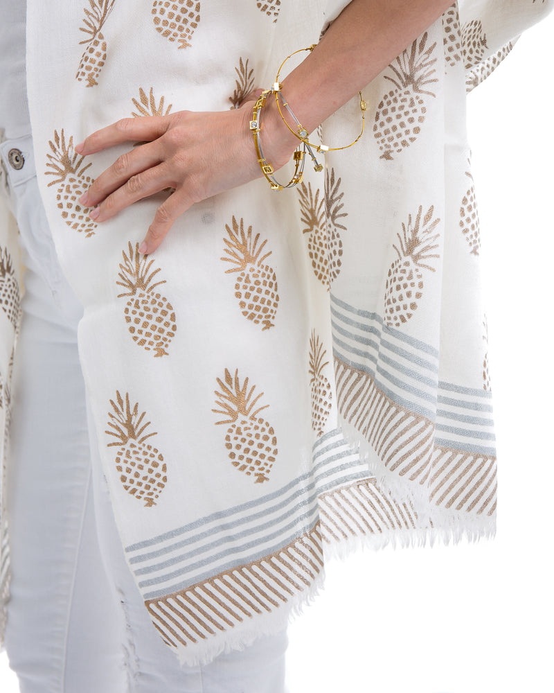 Light weight cashmere shawl with pineapple motif in gold block printed all over the shawl. This shawl is offered in several colors. 