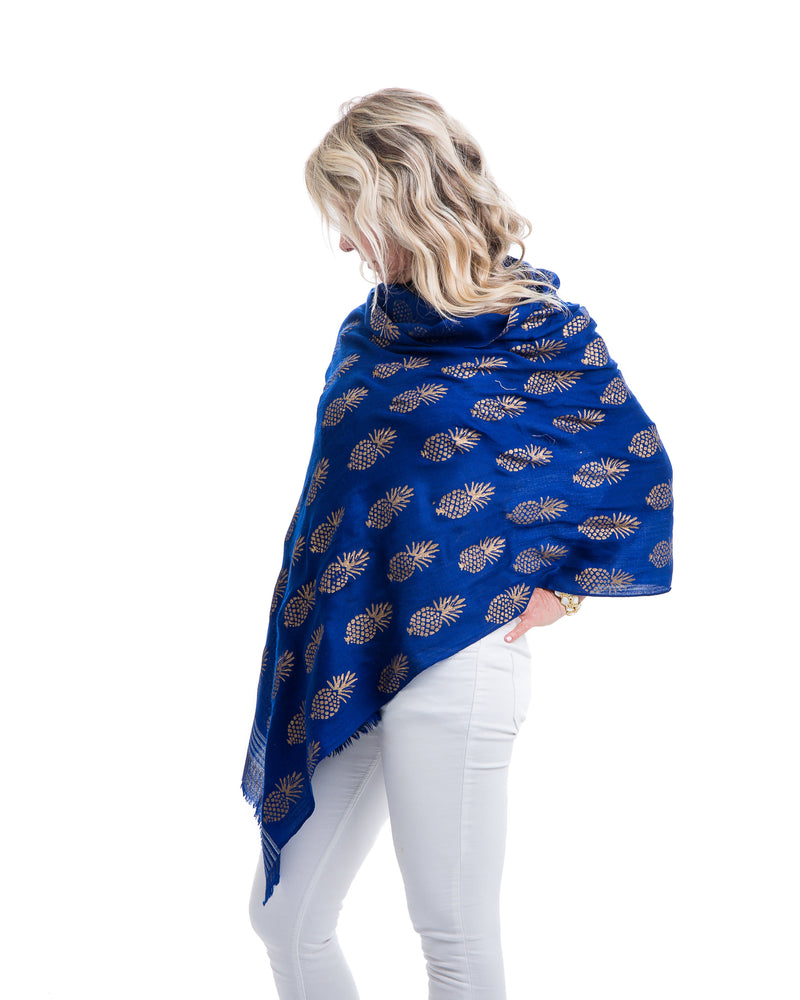 Light weight cashmere shawl with pineapple motif in gold block printed all over the shawl. This shawl is offered in several colors. 