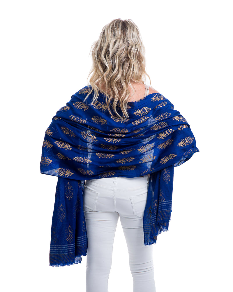 Light weight cashmere shawl with pineapple motif in gold block printed all over the shawl. This shawl is offered in several colors. 