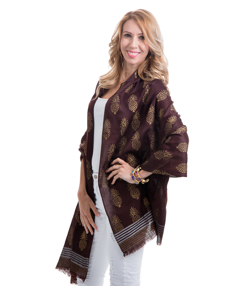 Light weight cashmere shawl with pineapple motif in gold block printed all over the shawl. This shawl is offered in several colors. 