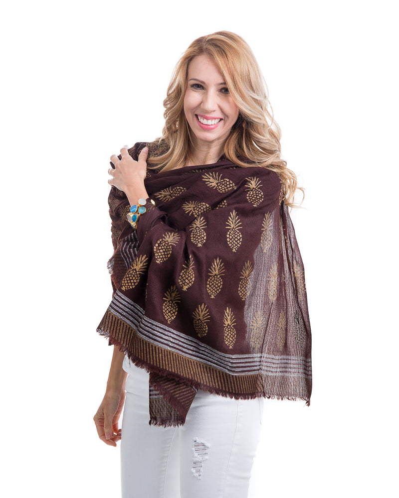 Light weight cashmere shawl with pineapple motif in gold block printed all over the shawl. This shawl is offered in several colors. 