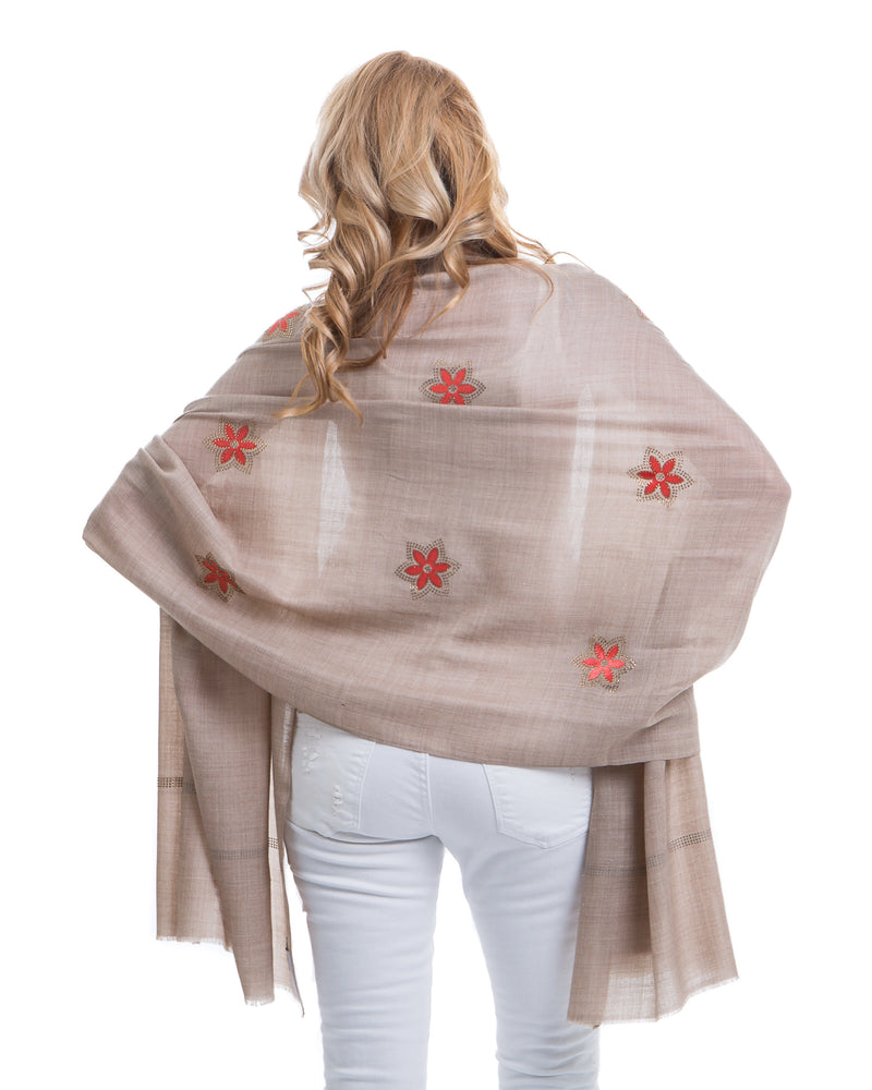 Light weight pashmina shawl with gold Swarovski & floral shaped velvet detail work on entire shawl. Swarovski detail at the edge of the shawl. Various color options available.