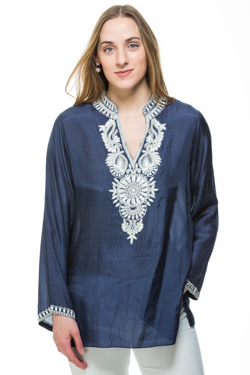 Navy blue cotton silk tunic with extensive white beading and embroidery around the neck, sleeves and back of the tunic. 