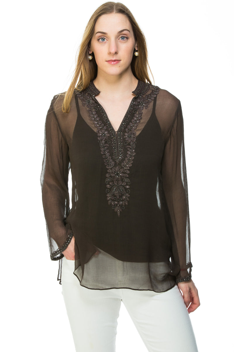 Cobalt or charcoal silk chiffon sheer tunic with  silk thread and bead embroidery along neckline, cuff of sleeve and a motif at the back of the tunic. 