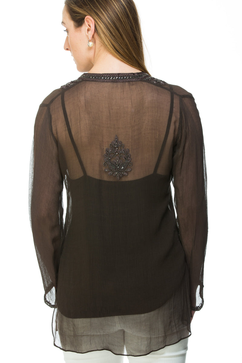 Cobalt or charcoal silk chiffon sheer tunic with  silk thread and bead embroidery along neckline, cuff of sleeve and a motif at the back of the tunic. 