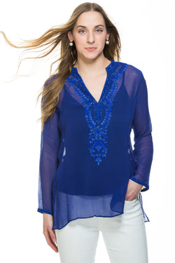 Cobalt or charcoal silk chiffon sheer tunic with  silk thread and bead embroidery along neckline, cuff of sleeve and a motif at the back of the tunic. 