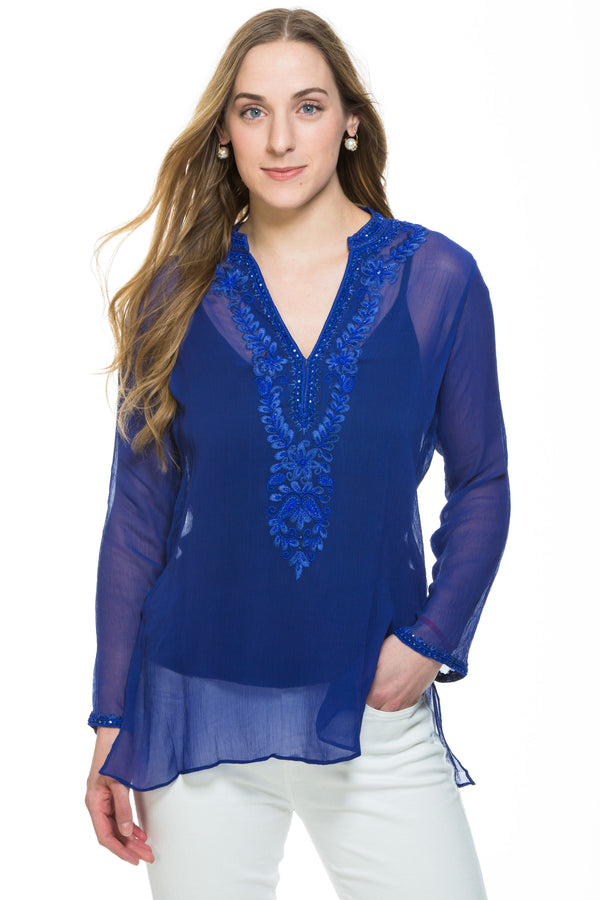 Cobalt or charcoal silk chiffon sheer tunic with  silk thread and bead embroidery along neckline, cuff of sleeve and a motif at the back of the tunic. 