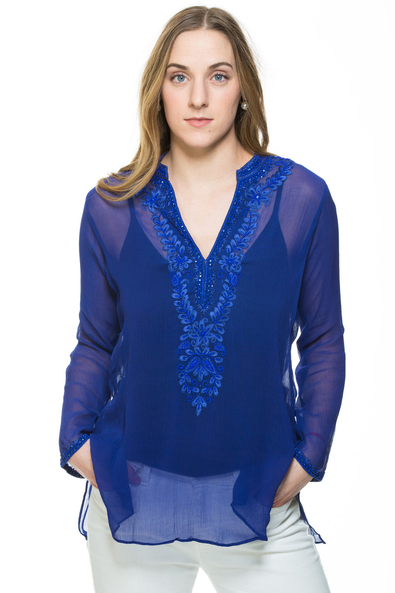 Cobalt or charcoal silk chiffon sheer tunic with  silk thread and bead embroidery along neckline, cuff of sleeve and a motif at the back of the tunic. 