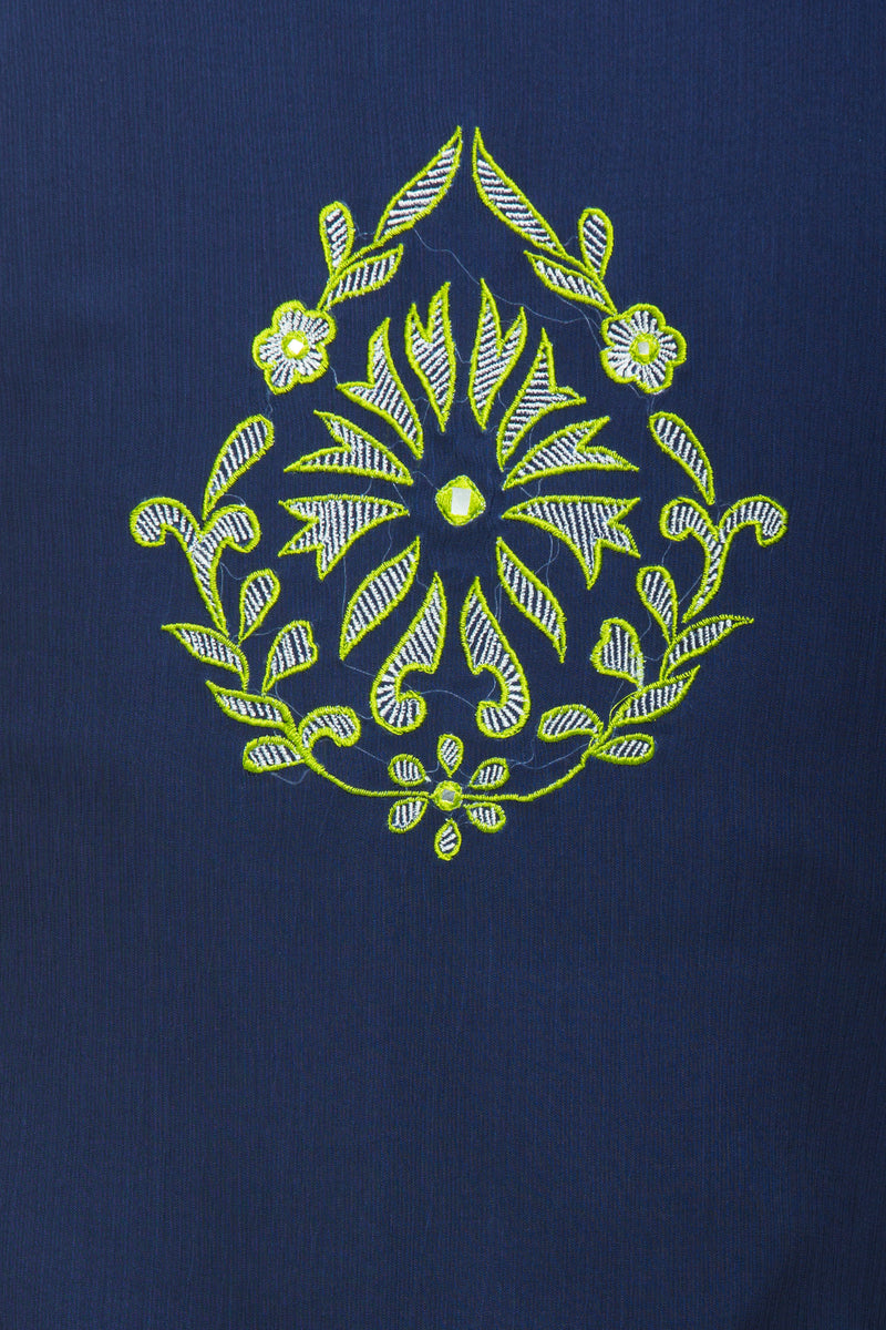 This silk chiffon navy tunic has extensive green embroidery along the front and sleeves of the garment. There is a motif at the back of the tunic as well. The sleeves of the tunic are sheer but the rest of the tunic is lined. 